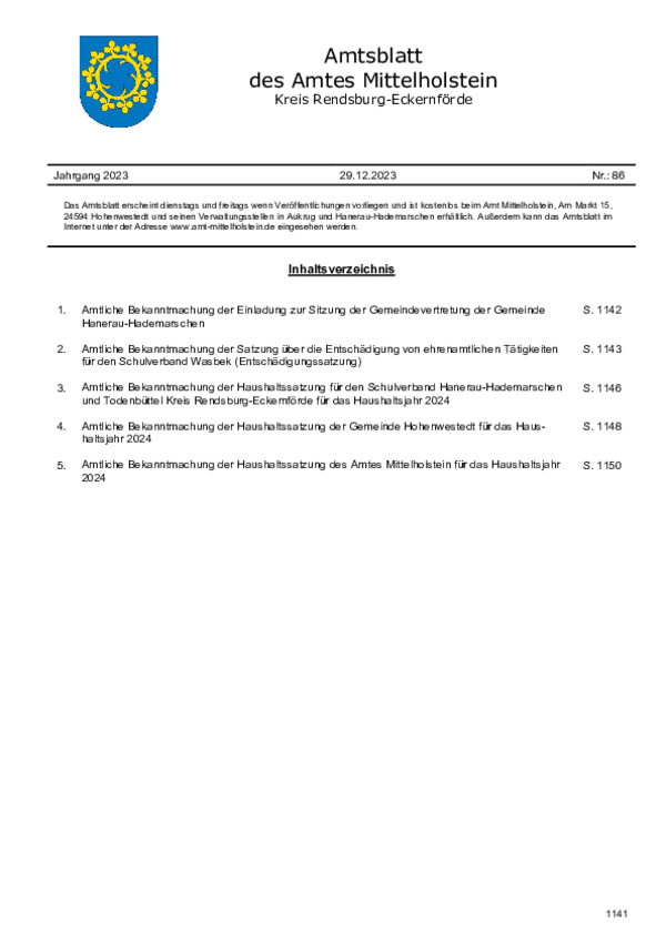 Amt Mittelholstein: Amtsblatt des Amtes Mittelholstein